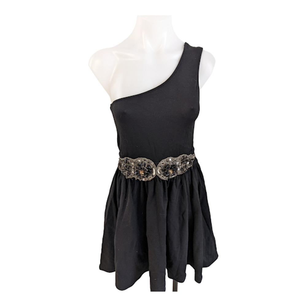 Jay Godfrey Size 0 Embellished One Shoulder Shift Mini Dress Black Sleeveless
